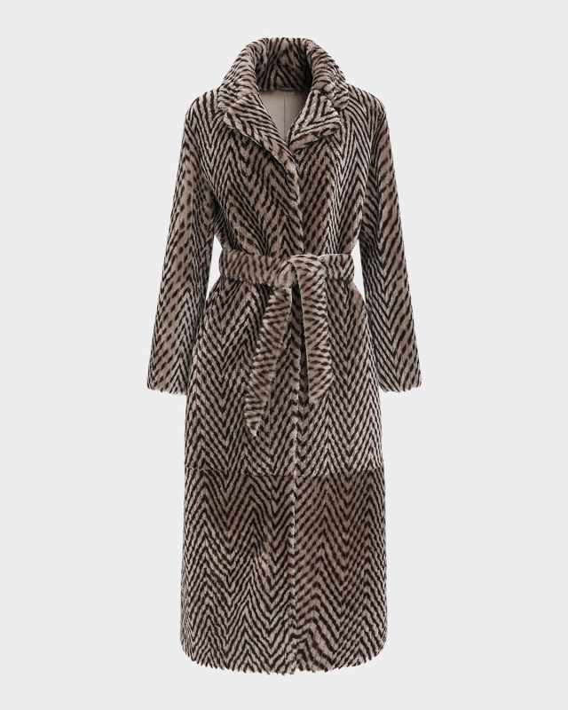 Reversible Chevron-Print Grooved Shearling Lamb Coat With Belt